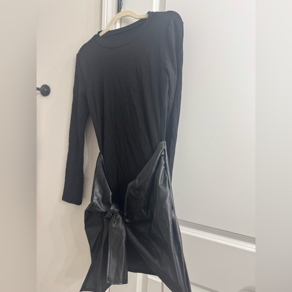 Micas Faux Leather Patchwork Tie Front Round Neck Ruched Mini Dress - Picture 4 of 5